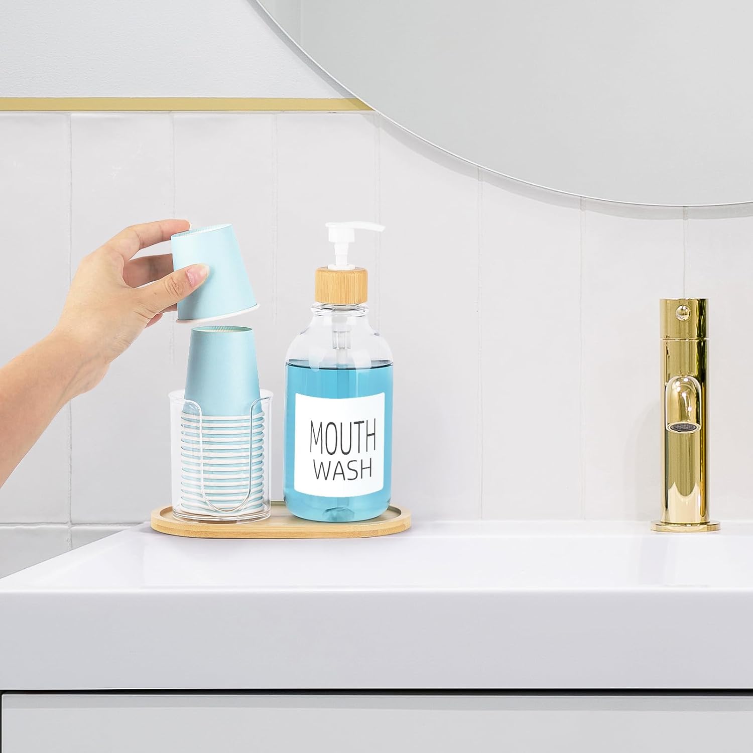 Mouthwash Dispenser with Cup Holder, Plastic Mouth Wash Pump Bottle with Tray for Bathroom Organizers, 17oz Refillable Clear Mouthwash Container - Bamboo
