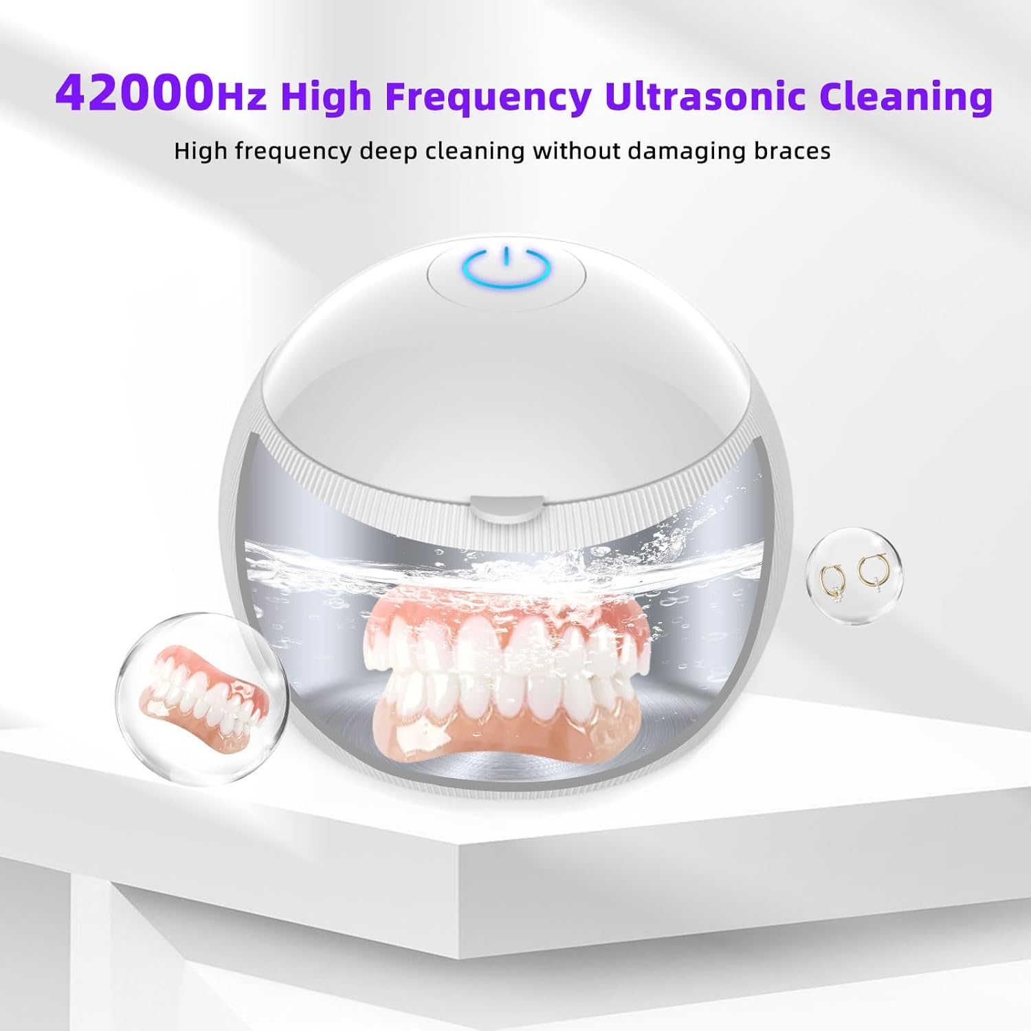 Voraiya Ultrasonic UV Cleaner for Dentures, Aligner, Retainer, Whitening Trays, Night Dental Mouth Guard, Toothbrush Head, Ultrasonic Jewelry Cleaner Machine for all dental Appliances, Diamon (White)