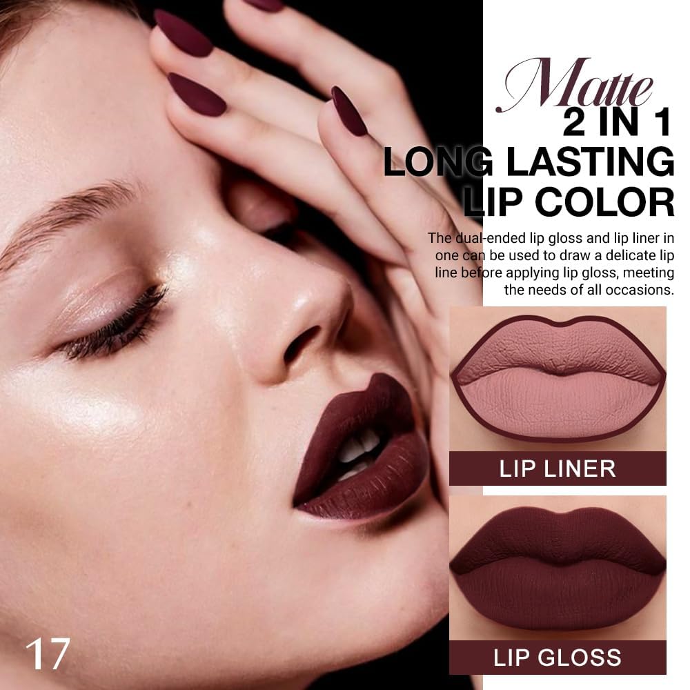 1Pcs 2 in 1 Deep Red Matte Lip Liner and Liquid Lipstick Stain Makeup Set for women, Red Long Lasting Smudge Proof Lip Tint Matte Finish Lip Gloss for All-Day Color Hold Easy to Use 17#