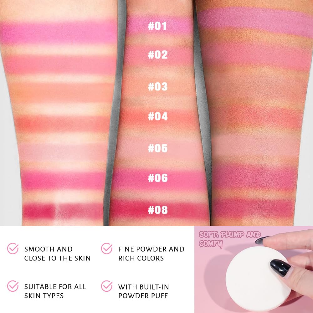 Natural Single Matte for Face Cheeks Blush with Makeup Powder Puff, Pink Red Monochrome Blush Cream Powder Makeup Palette Blushes Long-lasting Color Blendable Foundation for Women Every Day 02