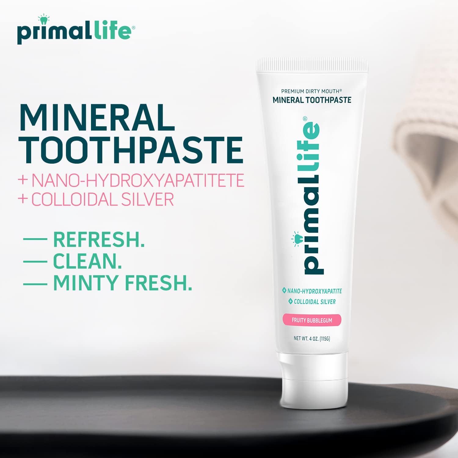Primal Life Organics Premium Dirty Mouth Mineral Toothpaste - Nano-Hydroxyapatite, Colloidal Silver, Charcoal - Organic, All Natural Whitening Formula (Bubblegum Flavor, 4oz)