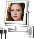 Wall Mounted Makeup Mirror with Lights 4000mAh Rechargeable Double Sided 1X/10X Magnifying Lighted Vanity Mirror with 3 Color Lights & Touch Dimmable 360° Rotation Extension Swing Arm for Bathroom