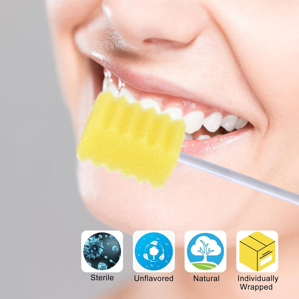 100 Pcs Disposable Mouth Swabs Sponge, BVN Oral Swabs, Oral Care Swabs Disposable, Mouth Swabs, Unflavored and Sterile Disposable Dental Swabsticks for Mouth Cleaning, Sawtooth-Shaped Yellow.
