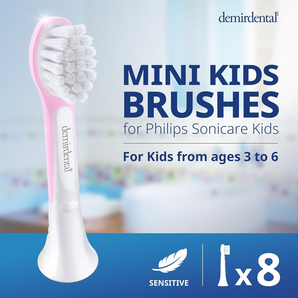 demirdental Kids mini Toothbrush Heads Compatible with Philips Sonicare Kids Toothbrush Heads - Replacement Heads mini Sensitive - Brush Heads mini from Ages 3 to 6 - Pink - Replaces HX6038-8 Pack