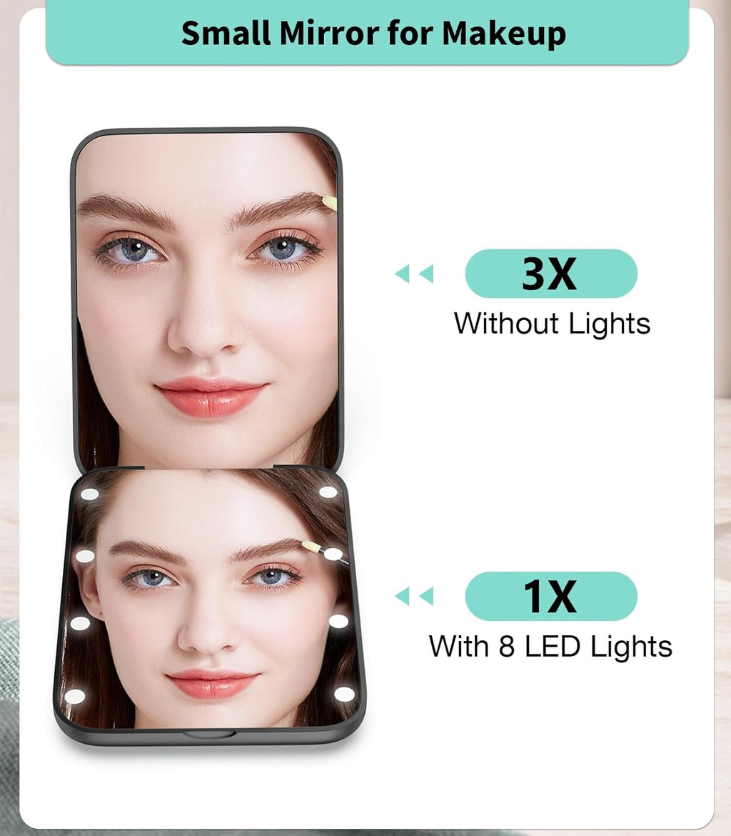 WOBSION Small Mirror with Lights,LED Compact Makeup Mirror,1x/3x Mini Travel Mirror with Magnification,Portable for Purse,Pocket,Gifts for Girls,Black