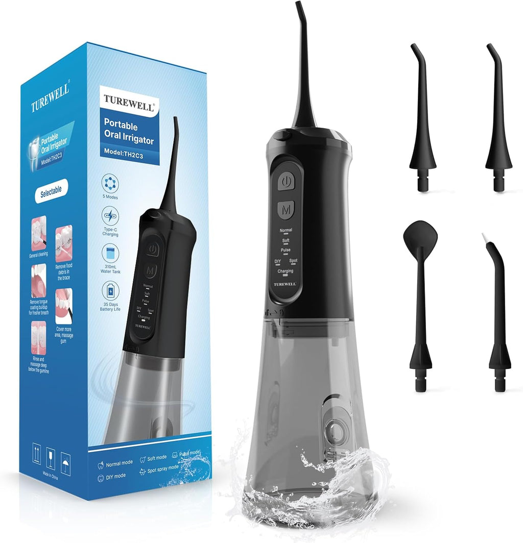 TUREWELL Water Dental Flosser for Teeth/Braces, 310 ML Portable Cordless Oral Irrigator with 5 Modes, IPX7 Waterproof Electric Water Flossing with 4 Replacement Jet Tips for Travel and Home, Black