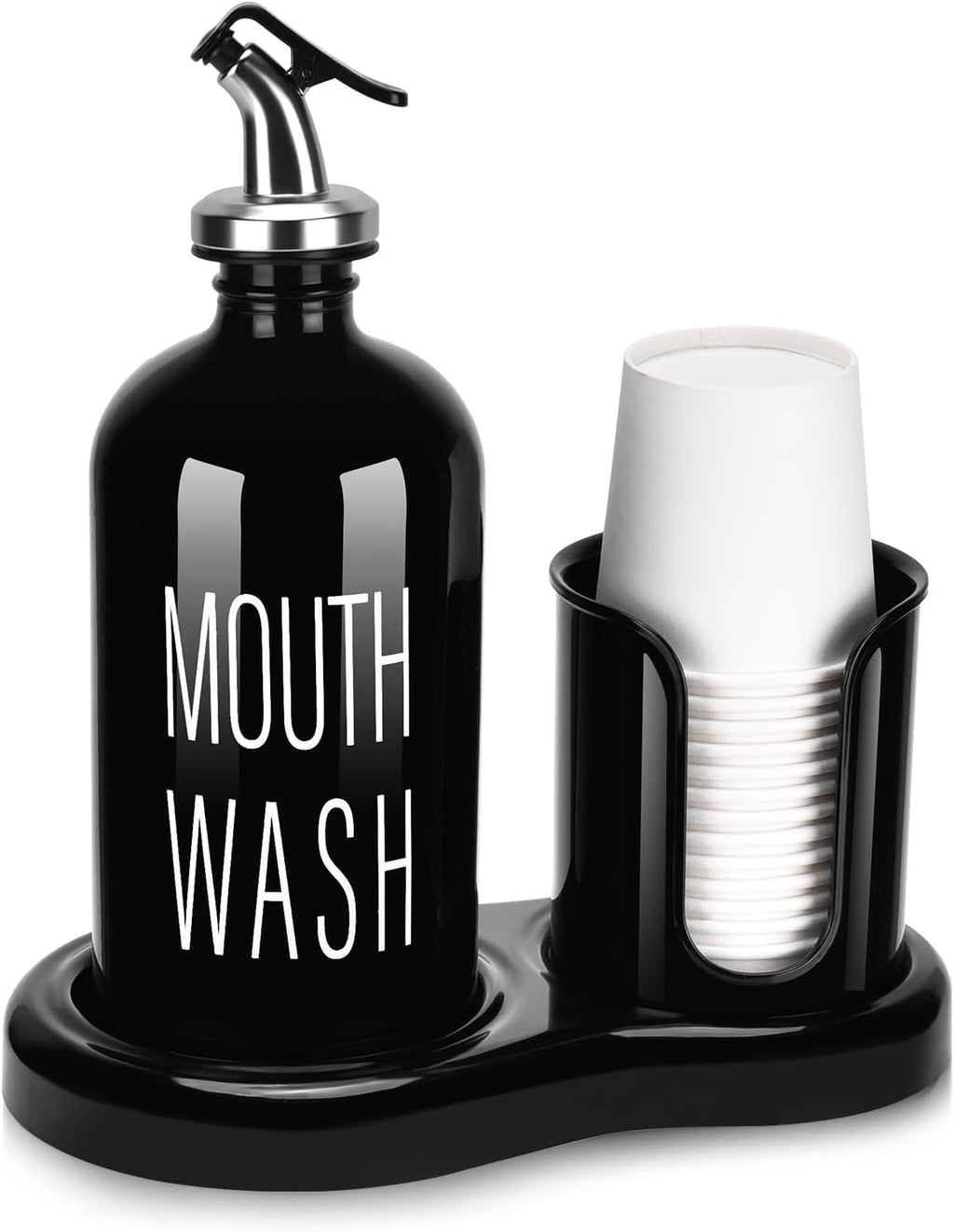 Glass Mouthwash Dispenser with Cup Holder,BYAWAY Mouthwash Set for Bathroom,16 OZ Refillable Mouthwash Bottle Container with 14 Mouthwash Cups,Funnel (Black)