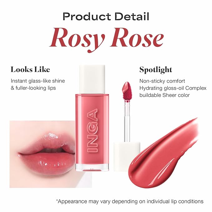 INGA Water Glow Lip Tint | Hydrating, Glossy Korean Lip Tint with Sheer Color & Glass-Like Shine | Long-Lasting, Non-Sticky Korean Lip Stain (ROSY ROSE)
