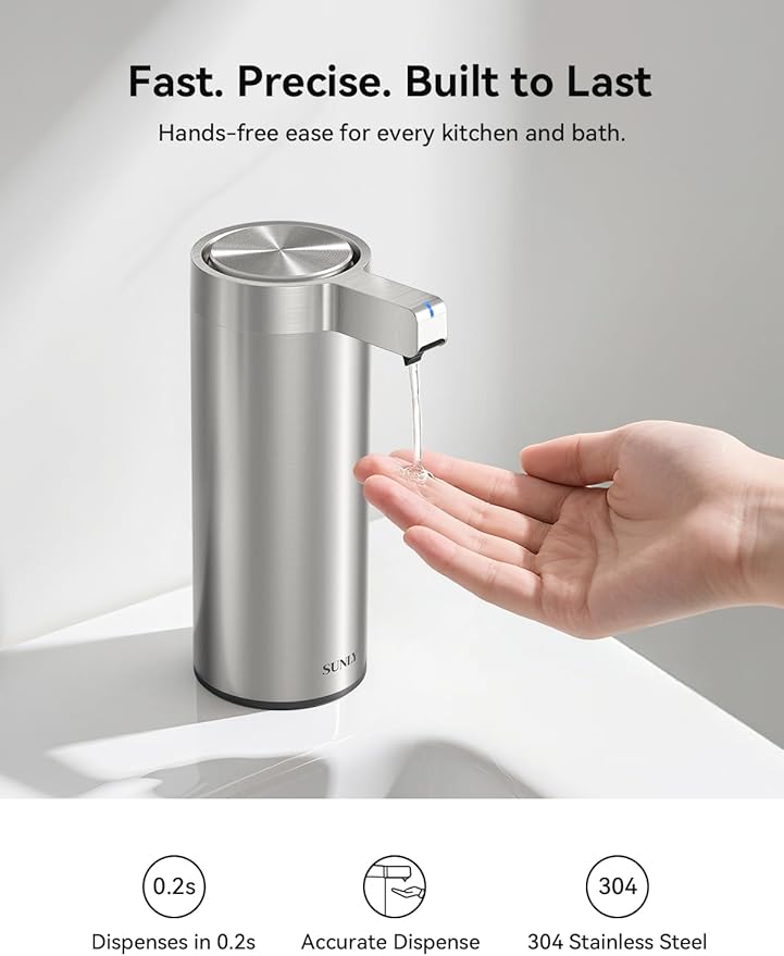 SUNLY Touchless Automatic Soap Dispenser – Clog-Free Pump, 0.2s Fast Sensor, USB-C Rechargeable, Smudge-Resistant Stainless Steel, for Kitchen & Bathroom Soap Dispenser