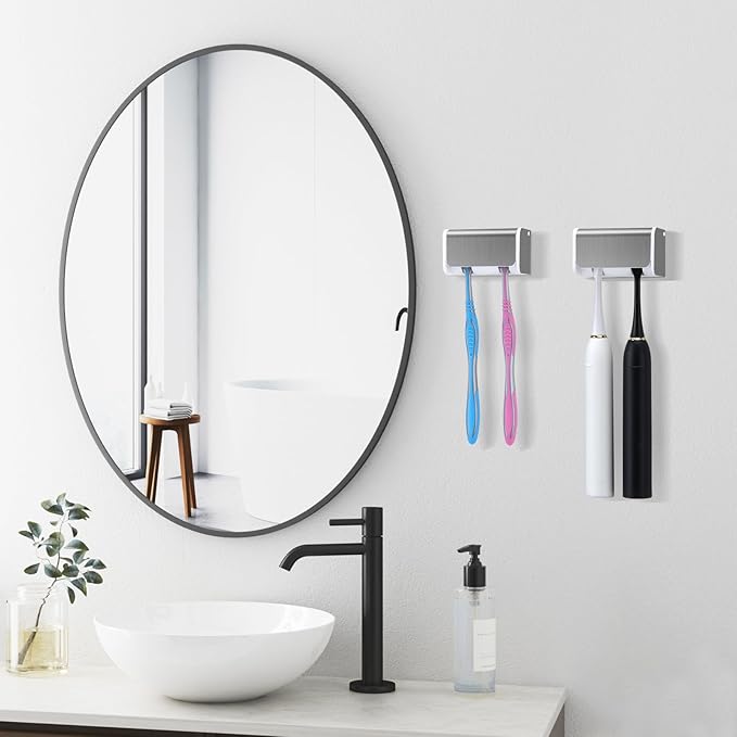 2 PCS Toothbrush Holders Wall Mounted with Cover, Electric Tooth Brushing Holder for Bathroom, 2 Slots Self Adhesive Toothbrush Organizer for Family, Kids (2, Brushed Silver)