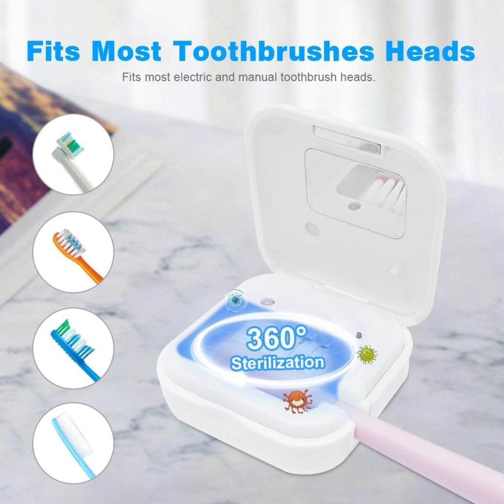 Portable UV-C Toothbrush Sanitizer and Holder – Travel Case for Manual & Electric Toothbrush Heads – UV Light Cleaning Box – USB Rechargeable – Travel-Friendly