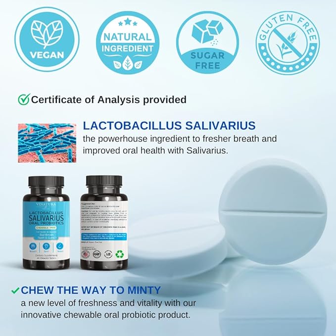 VINATURA Lactobacillus Salivarius Oral Probiotics - Mouth Bad Breath Treatment for Adults, Dental probiotics for Teeth and Gums, Throat, Ear, Nose - 45 Chewable Mint Tablets