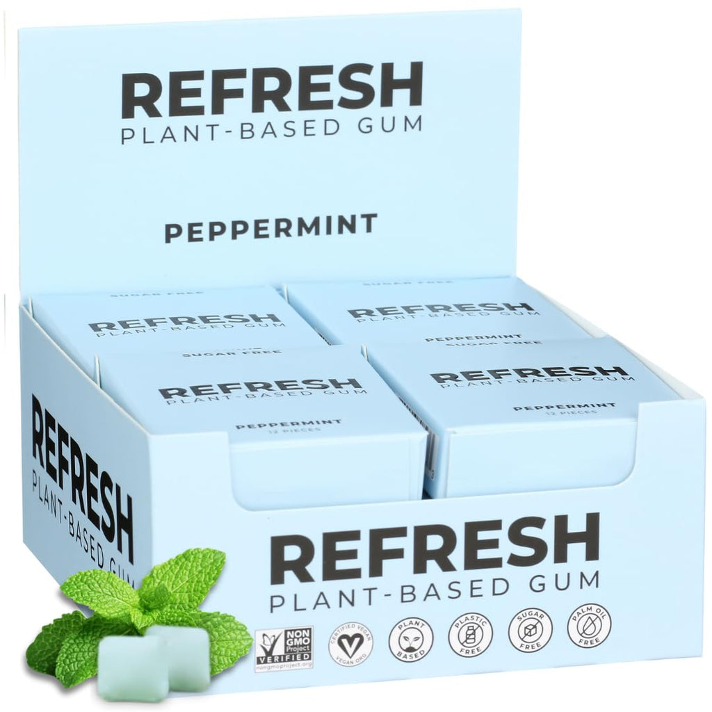 Refresh Gum, Xylitol, Natural, Sugar Free, Plastic Free, Natural Flavors & Organic Ingredients, Plant-Based, Low Calorie, Non GMO, Gluten Free, Vegan, Peppermint, 12 Pcs, 12 Pck