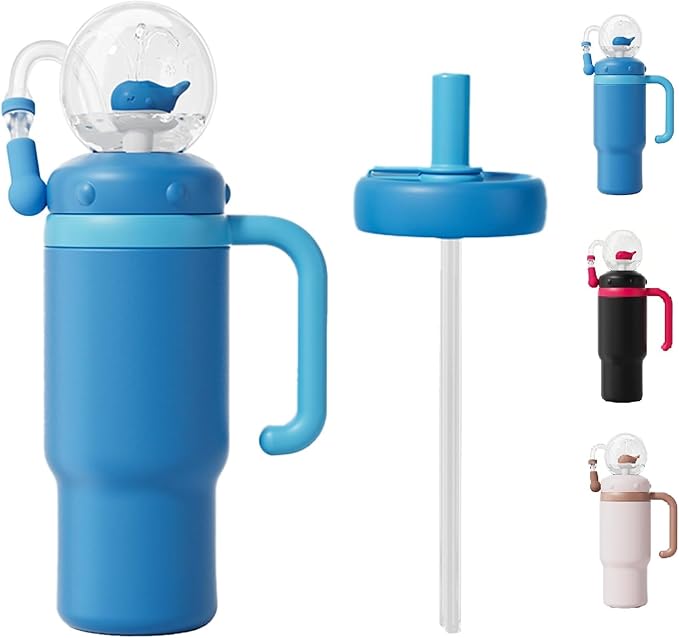 Drinking Cup With Whale Squirt, 24oz Whale Water Bottle with Handle, Insulated Stainless Steel Whale Water Cups With Two Silicone Soft Tip, Leak-Proof Whale Fountain Bottle for Kids Teens (Z-Blue)
