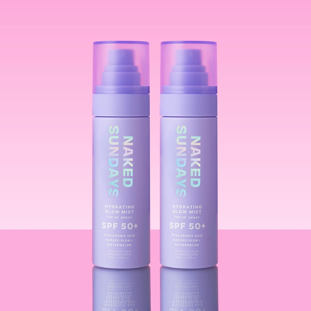 Naked Sundays SPF 50 Hydrating Glow Mist SPF Setting Spray and Face Sunscreen, Lightweight & Non-Greasy, Hydrating Ultra-Fine Mist with Hyaluronic Acid for All Skin Types, Makeup-Friendly - 2 pack
