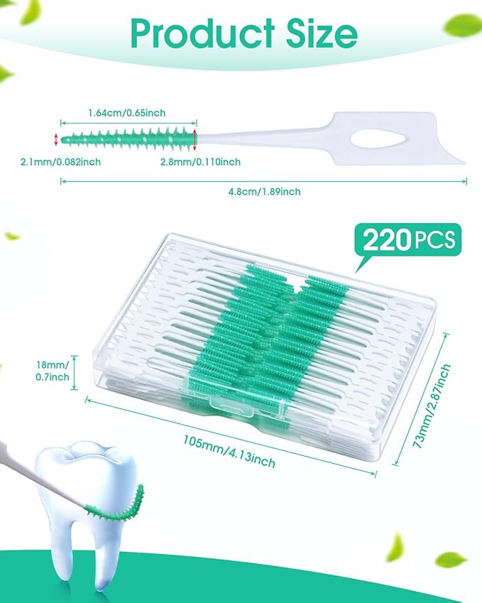 220 PCS Dental Floss Picks, Soft Silicone interdental Brush, Floss Picks for Teeth, Toothpicks Brush Between Teeth, Tooth Flossing Brush with Case, Disposable for Teeth Cleaning, Green Color