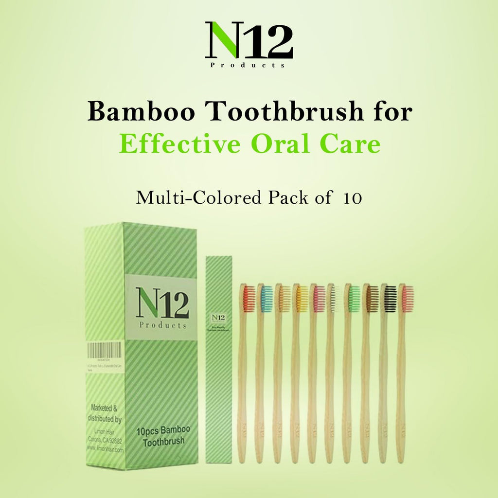 N12 Biodegradable Pack of 10 Bamboo Toothbrushes - Multicolored Charcoal BPA-Free Soft Bristol, Eco-Friendly, Sustainable Reusable Travel Tooth Brush