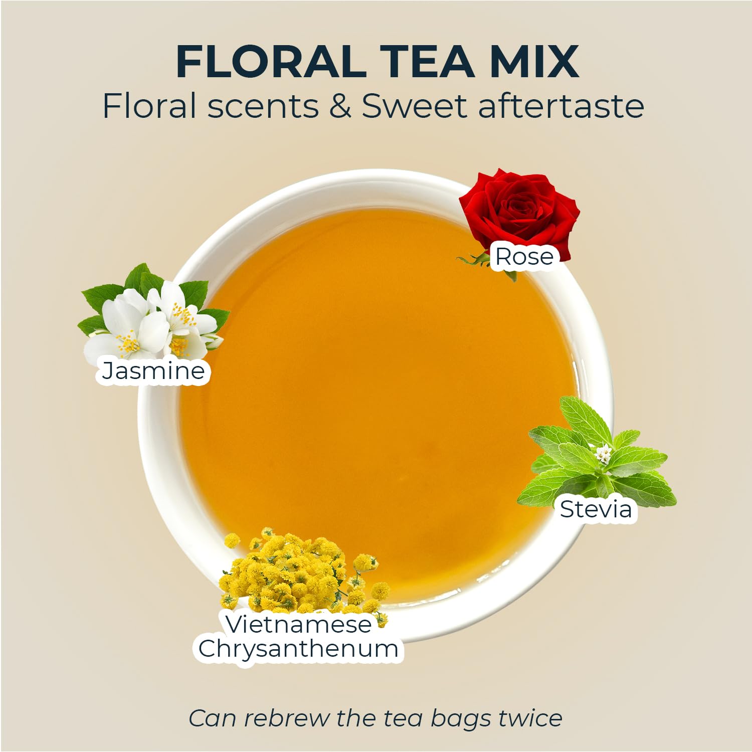 Rose Tea, Re-Steep Chrysanthemum, Jasmine & Stevia Herbal Tea - 55 Count (+5 Tea Bags) Bamboo Tong Included - 4.37 oz, Relax,Support, Up Mood, Appearance Detox