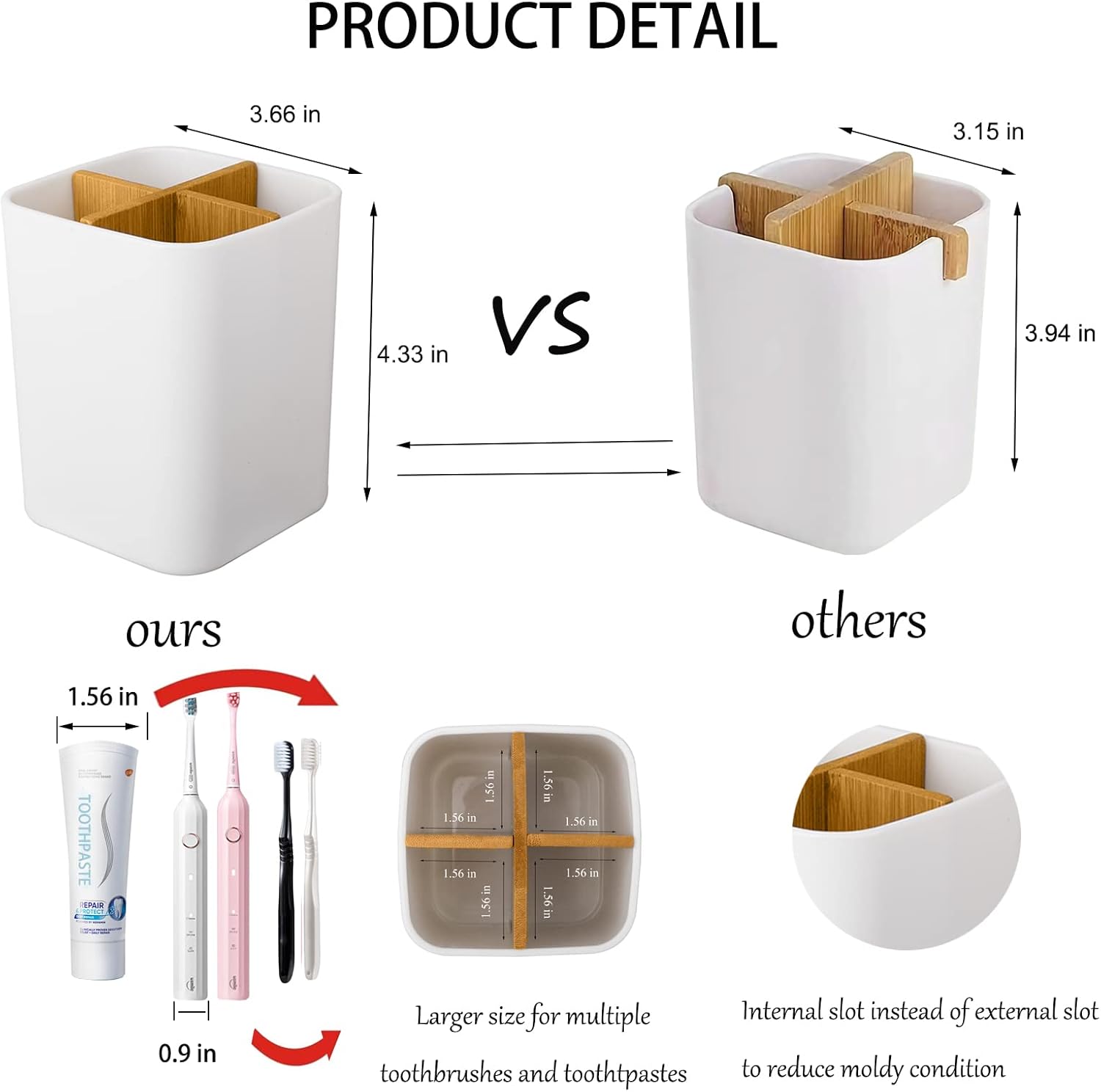 Bamboo Toothbrush Holder for Bathrooms, 4 Slots Toothbrush and Toothpaste Holder Bathroom Counter Organizer for Electric Toothbrushes, Floss, Razors - White