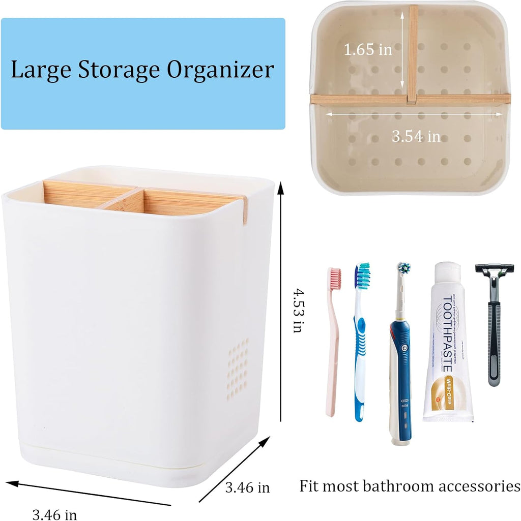 Electric Toothbrush Holder 3 Slots Tooth Brushing Holder with Bamboo Dividers for Bathrooms, Plastic Toothbrush and Toothpaste Organizer for Shower, Countertop, Vanity, White