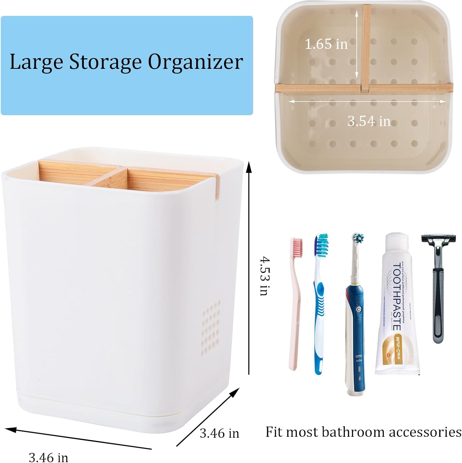 Electric Toothbrush Holder 3 Slots Tooth Brushing Holder with Bamboo Dividers for Bathrooms, Plastic Toothbrush and Toothpaste Organizer for Shower, Countertop, Vanity, White