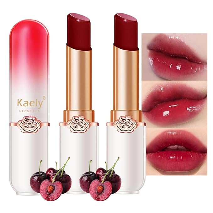 evpct 2Pcs Black Red Cherry Magic Mood Color Changing Lipstick Long Lasting 24 Hours Original for Women, PH Color Change Changing Jelly Lipstick Tinted Lip Balm Gloss Stain Makeup Set labiales magicos