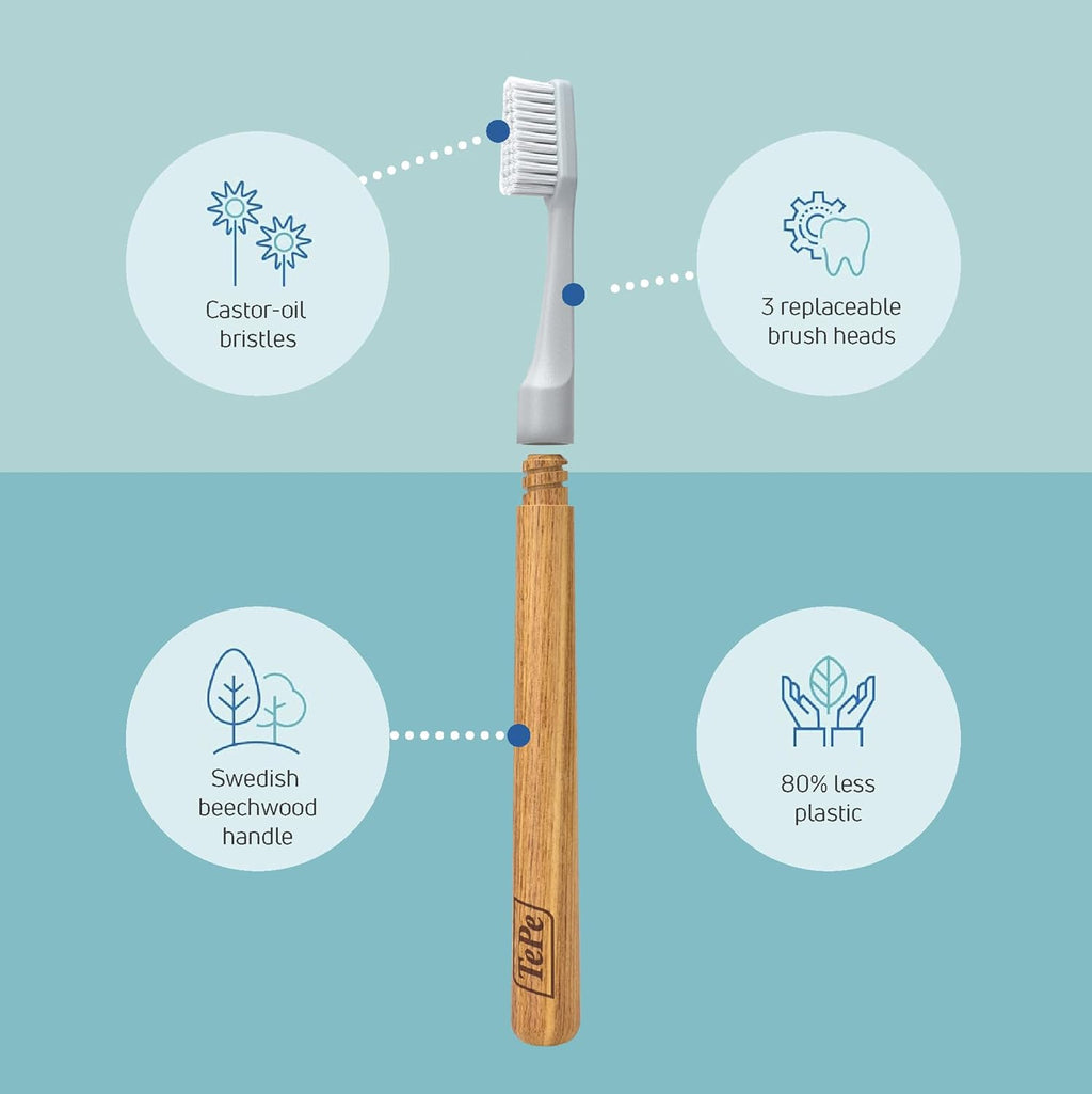 TePe Choice Soft Toothbrush, Dental Toothbrush for Teeth Cleaning with 3 Replaceable Toothbrush Heads, Gray