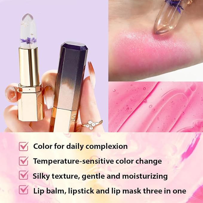 BINGBRUSH PH Color Changing Lipstick – Jelly Flower Lip Balm, Temperature-Activated Moisturizing Lip Tint, Long-Lasting Crystal Clear Lipstick for Women, Natural Glow & Hydration (02# Blue Fairy)