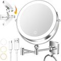 10x Large Wall Mounted Makeup Mirrror, Height Adjustable Lighted Mirror, 8" Double Sided Mirror, 1X/10X Magnifying Bathroom Mirror, 360° Rotation Adjustable, Detachable Ring, 3 Color Lights