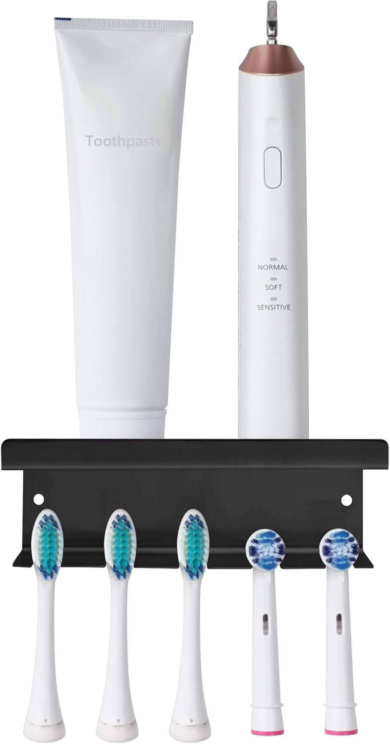 Stainless Steel Toothbrush Holder Wall Mounted - No Drill Bathroom Organizer with 3M Adhesive & Screws, 5-Slot Razor & Electric Toothbrush Holder, Rustproof for Wet Spaces (Black, 18/8 304 Grade)
