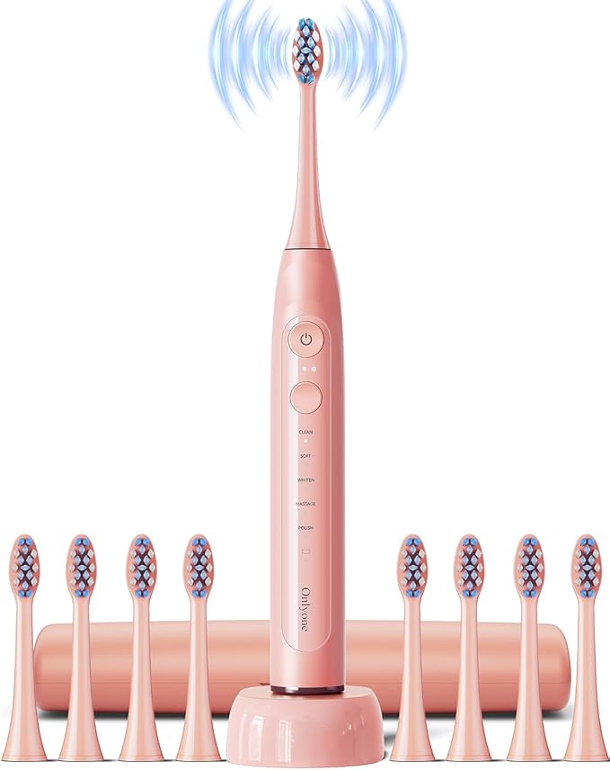 Onlyone Sonic Electric Toothbrush for Adults, Rechargeable Ultrasonic Electric Toothbrush with 8 Brush Heads, Travel Case, Charging Base & Wireless Charging - 5 Modes with Smart Timer