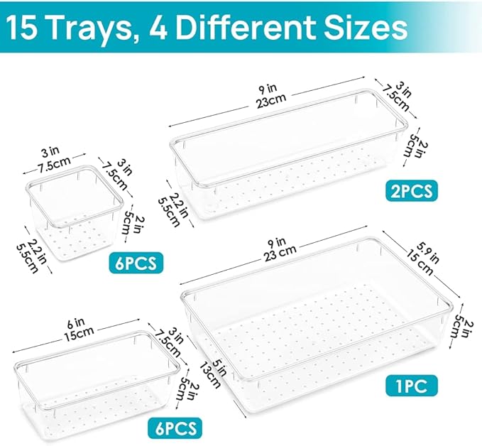 15PCS Clear Plastic Drawer Organizer Set 4-Size Versatile Bathroom and Vanity Drawer Organizer Trays Storage Bins