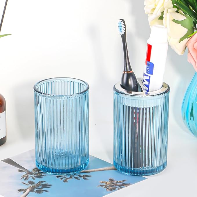 Toothbrush Holders for Bathrooms, 2pcs Glass Toothbrush Holder, 12oz Bathroom Tumbler and Mouthwash Cup, Tooth Brush and Toothpaste Organizer for Bathroom Vanity Countertop (Blue Silver)
