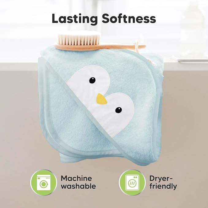 KeaBabies Hooded Baby Towel for Newborn - Viscose Derived from Bamboo Large Baby Bath Towels with Hood for Boys, Girls, Toddler, Extra Absorbent & Soft Newborn Bath Essentials (Penguin, Regular)