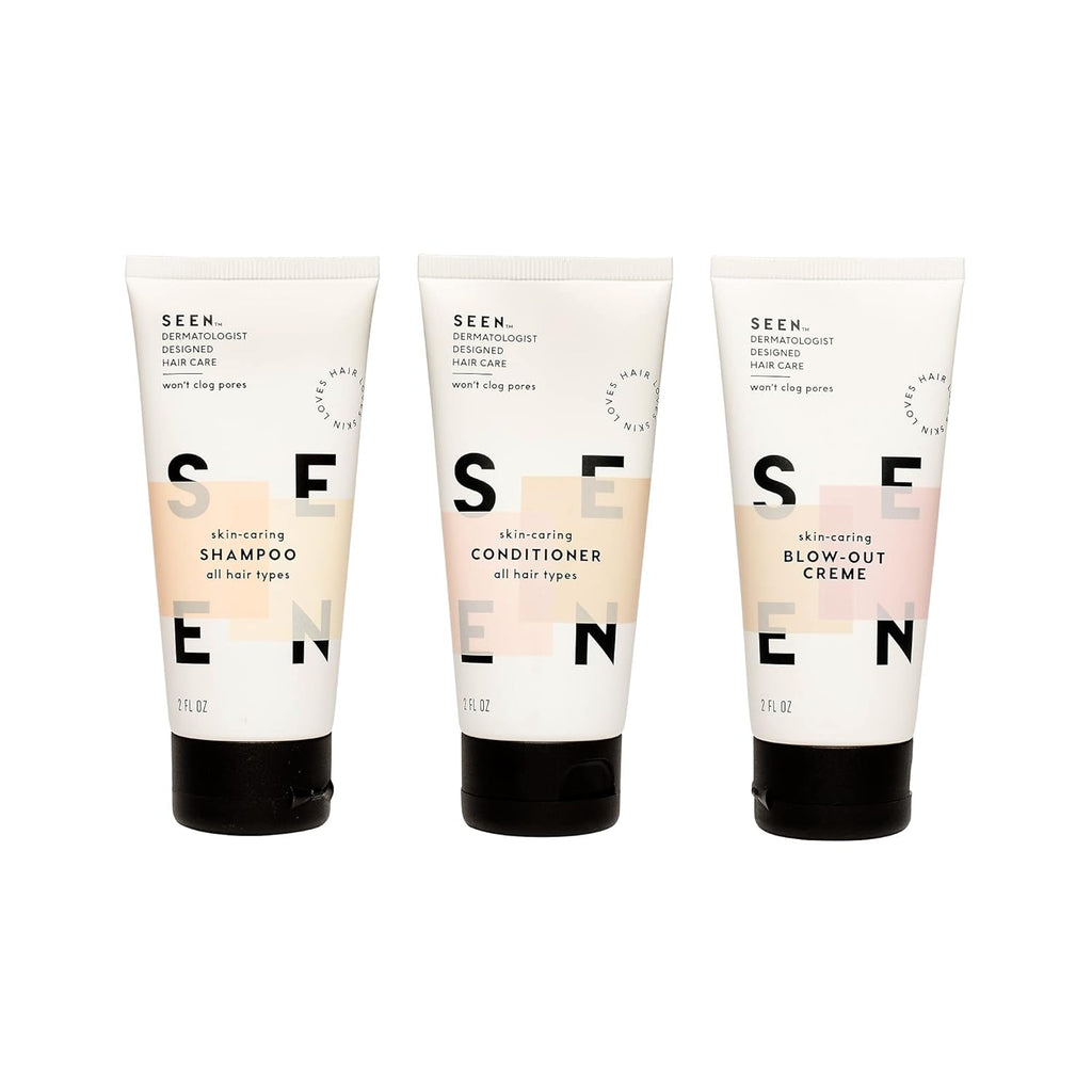 SEEN Travel Trio - Scented - Non-Comedogenic & Blow-Out Hair Cream, Shampoo & Conditioner Set- Reduces Frizz- Heat Protectant- Safe for Sensitive & Acne Prone Skin
