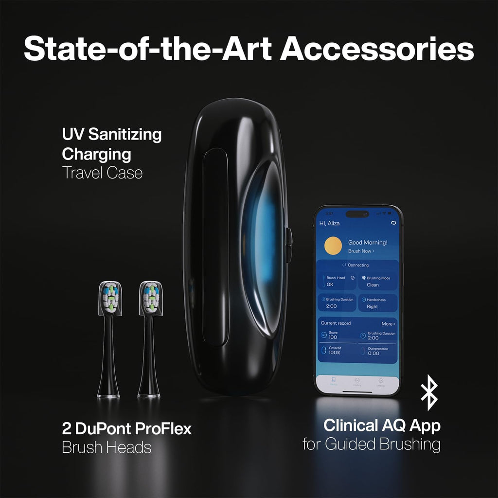 Aquasonic Clinical AQ Ultra-Whitening Smart Toothbrush with Touchscreen, Bluetooth & Brushing Coach - 2 Brush Heads & UV Sanitizing Charging Case
