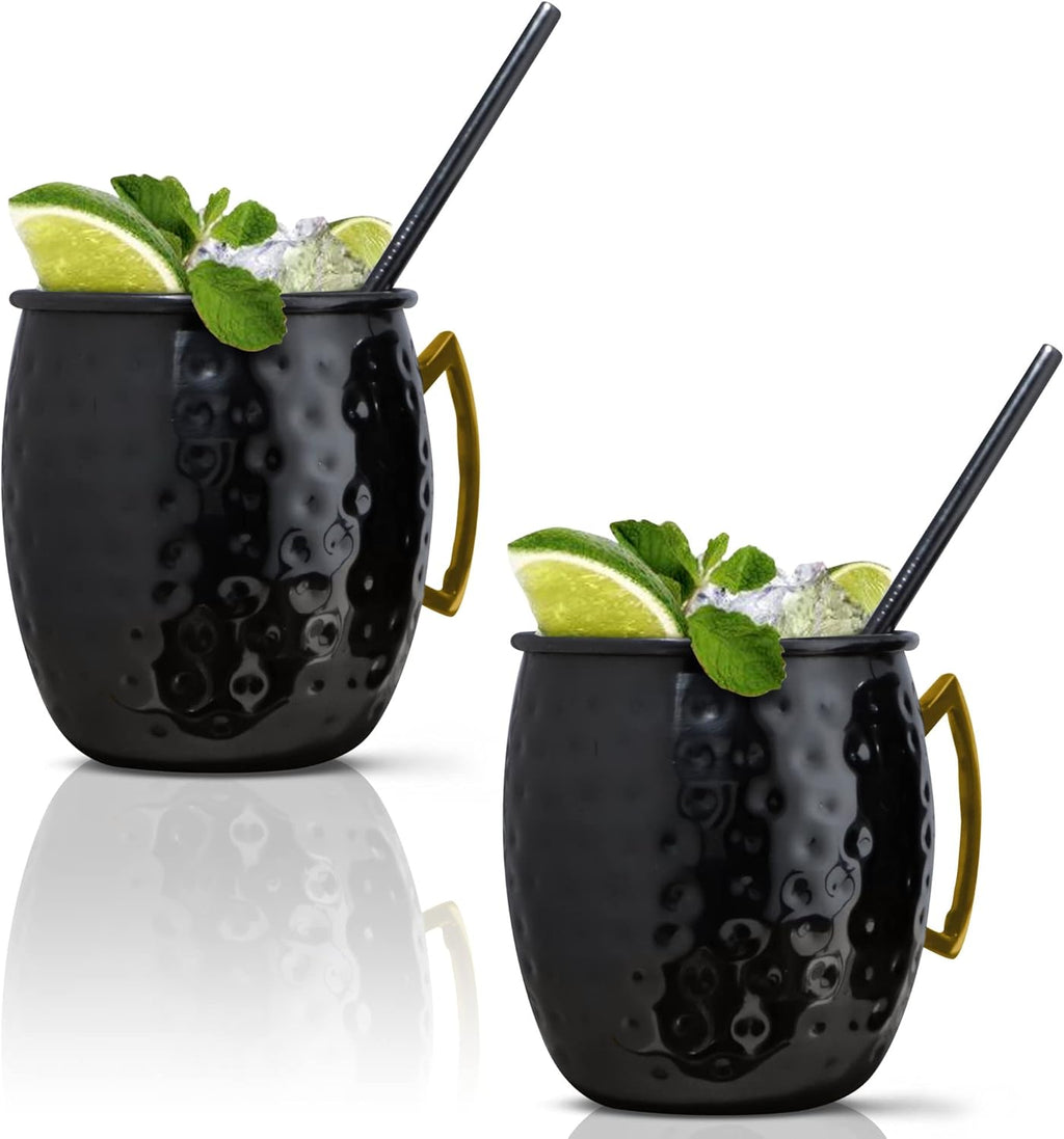 Artisan's Anvil Moscow Mule Mugs with Straws, Comfortable Brass Handle, Stainless Steel Made, Original Hammered Shape, Glossy Black Nickel Plated, Set of 2