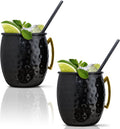 Artisan's Anvil Moscow Mule Mugs with Straws, Comfortable Brass Handle, Stainless Steel Made, Original Hammered Shape, Glossy Black Nickel Plated, Set of 2