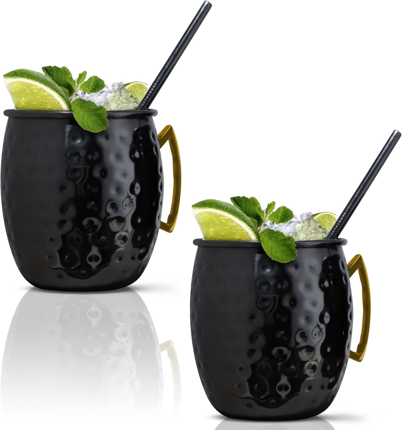 Artisan's Anvil Moscow Mule Mugs with Straws, Comfortable Brass Handle, Stainless Steel Made, Original Hammered Shape, Glossy Black Nickel Plated, Set of 2