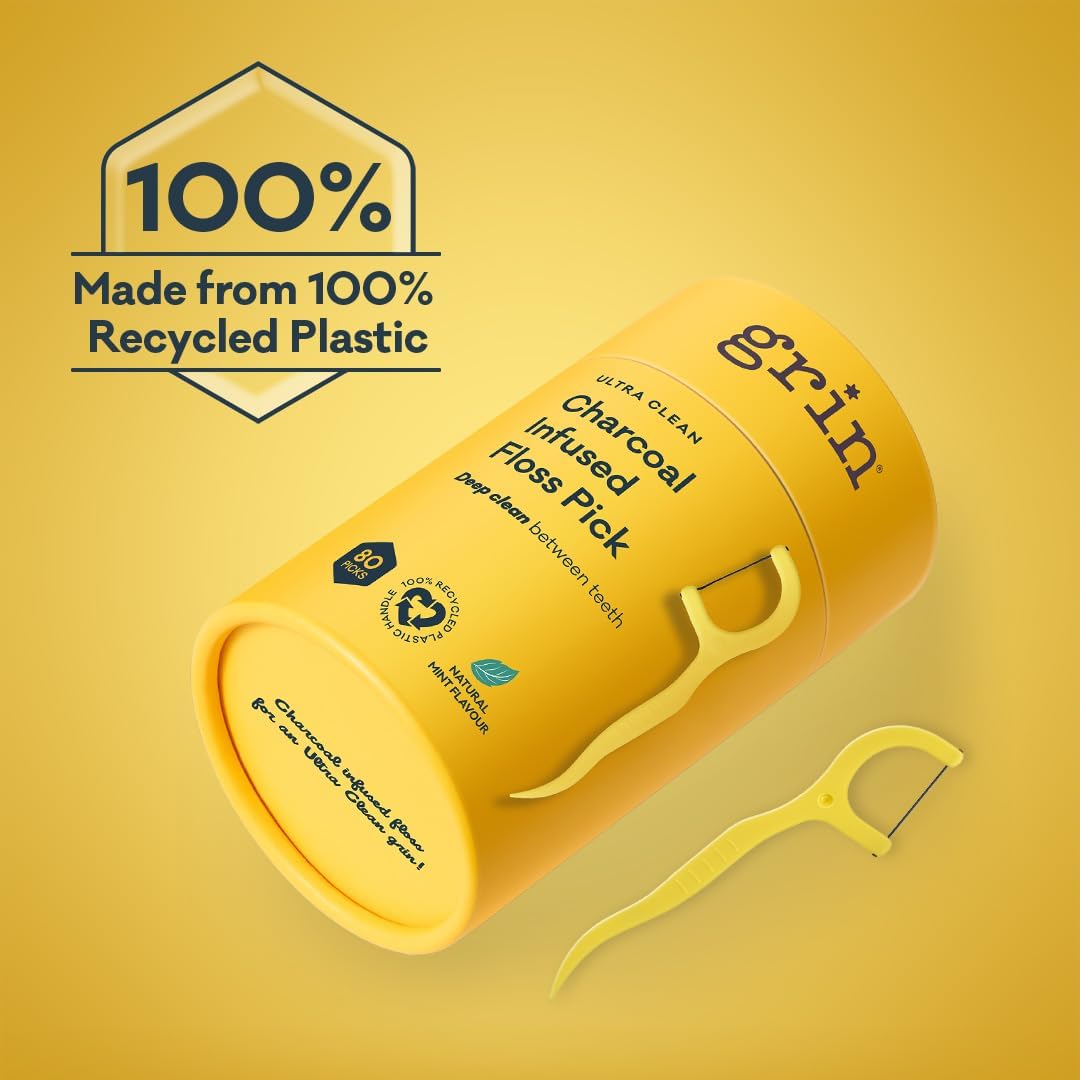 Grin Tooth Picks Flossers for Adults – Charcoal Infused Dental Floss Picks for Teeth Cleaning - Natural Mint Flavor - 100% Recycled Plastic Handle - 80 Count Canister (Pack of 3)