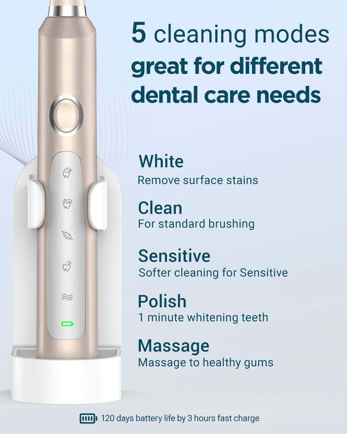Rtauys M5 Sonic Electric Toothbrush for Adults - Rechargeable Electric Toothbrushes with 8 Brush Heads & Holder, Travel Case, Power Electric Toothbrush，120 Days Battery Life - Champagne