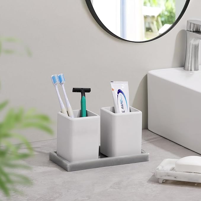 Luxspire Toothbrush Holders 2 Pack, Fast Drying Toothbrush Holders for Bathroom, Diatomite Toothbrush Cups Electric Toothbrush and Toothpaste Holder for Bathroom Countertop, Light Gray