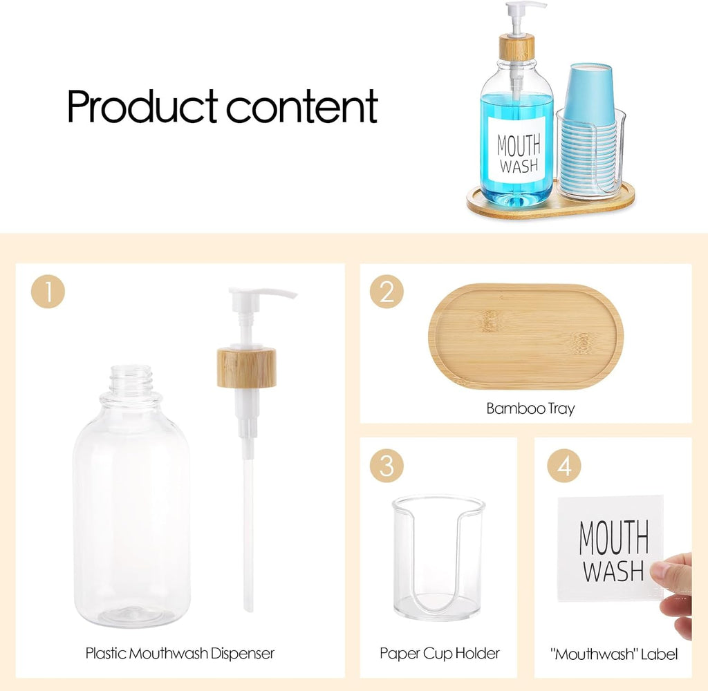 Mouthwash Dispenser with Cup Holder, Plastic Mouth Wash Pump Bottle with Tray for Bathroom Organizers, 17oz Refillable Clear Mouthwash Container - Bamboo
