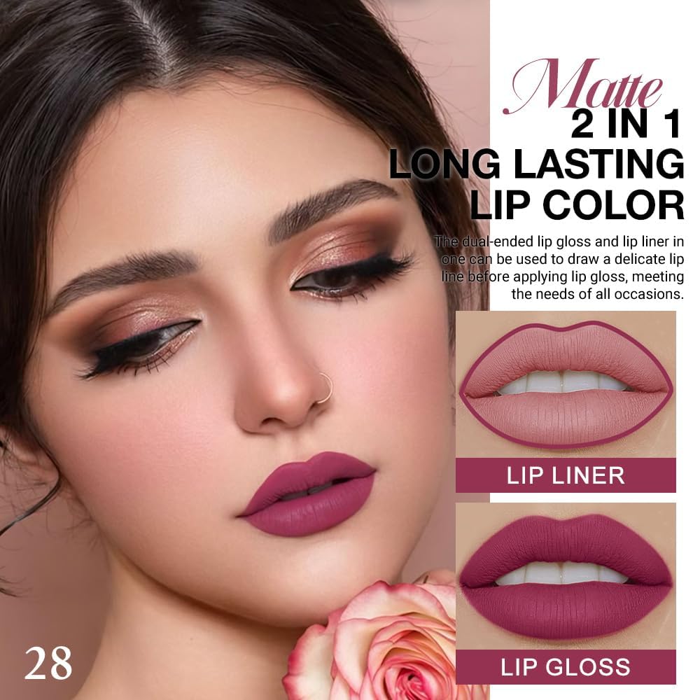 1Pcs 2 in 1 Rose Plum Matte Lip Liner and Liquid Lipstick Stain Makeup Set for women, Rose Long Lasting Smudge Proof Lip Tint Matte Finish Lip Gloss for All-Day Color Hold Easy to Use 28#