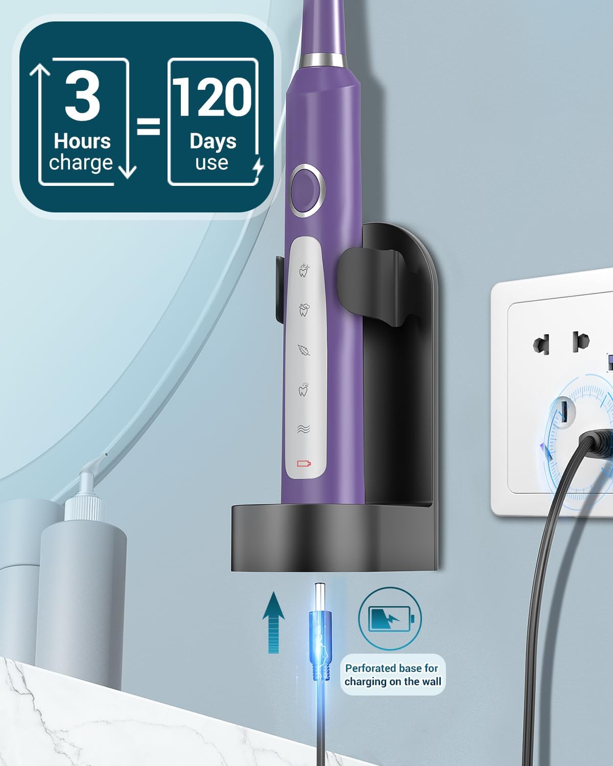 Rtauys M5 Sonic Electric Toothbrush for Adults and Kids - Rechargeable Electric Toothbrush Kids Ages 12+ and Adults with 8 Brush Heads & Travel Case, 120 Days Battery Life - Purple