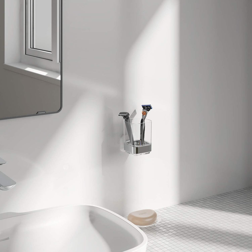 Wall-Mounted Tumbler and Toothbrush Holder, Wall Mounted Adhesive Hanging Electric Toothbrush Organizer Stand for Bathroom, No Drilling Required (White+Chrome, 3.93"X3.93"X2.97")