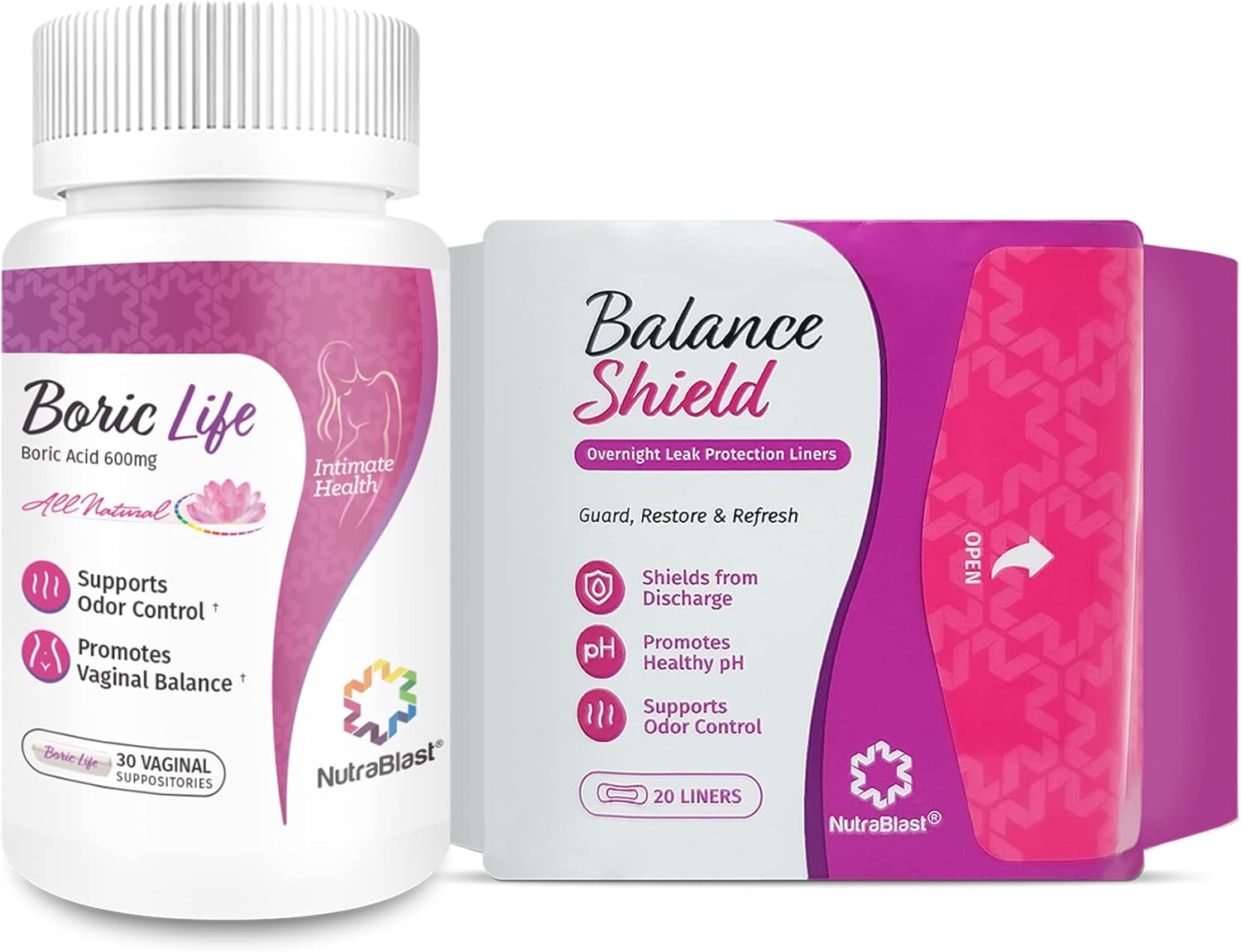 NutraBlast Boric Acid Vaginal Suppositories 600mg (30 Count) Bundle with Balance Shield Panty Liners (180mm, 20-Pack) | Discharge & Odor-Proof Layers | Charcoal-Infused Bamboo Balancing Core