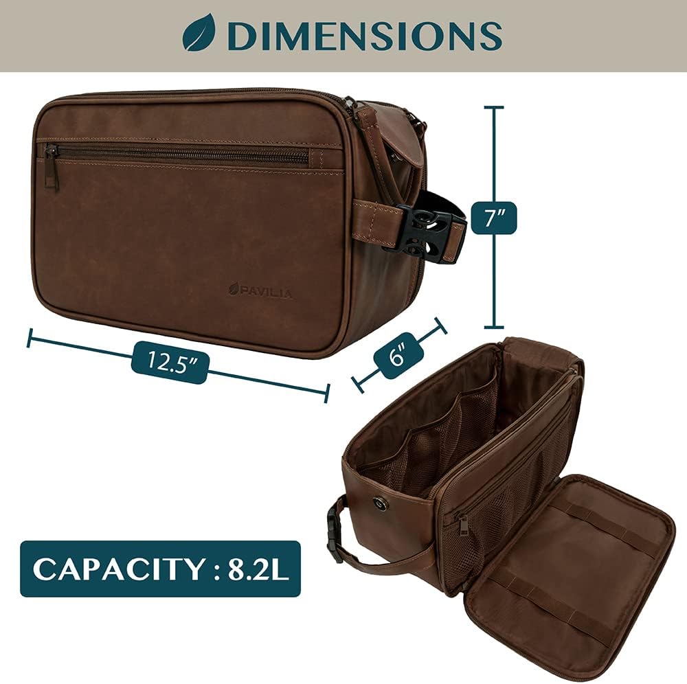 PAVILIA Toiletry Bag for Men, Travel Essentials Shaving Dopp Kit, Mens Travel Bag Toiletries Organizer Case for Grooming, PU Leather Water Resistant Cosmetic Bag Pouch (XL, Dark Brown)