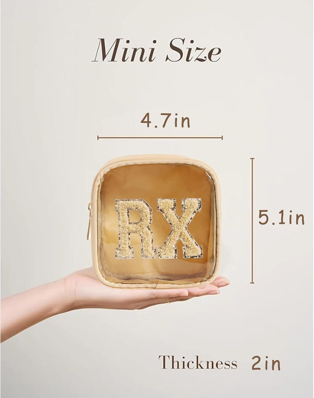 Small Chenille Letter Clear Medicine Makeup Bags,Nylon PVC Waterproof Rx Pouch with Metal Zipper, Cute Drug First Aid Travel Organizer for Women Girls(07Khaki)