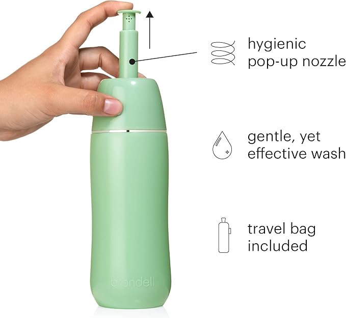 Brondell GoSpa Advanced Peri Bottle, Portable Bidet for Travel–Pop-Up Nozzle System for Postpartum & Perineal Care, Compact Bidet with Discreet Travel Bag for Convenient Storage–400mL, Green